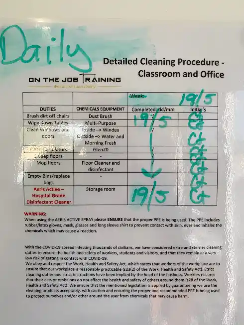OTJT Classroom Cleaning Schedule